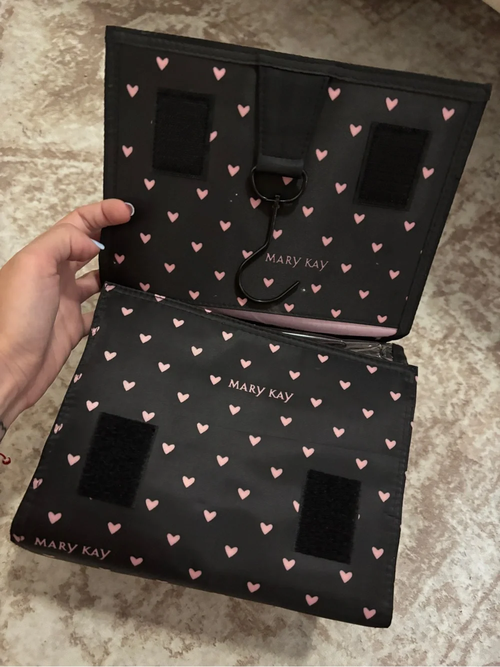 Mary Kay Black Cosmetic Bag with Pink Heart Print